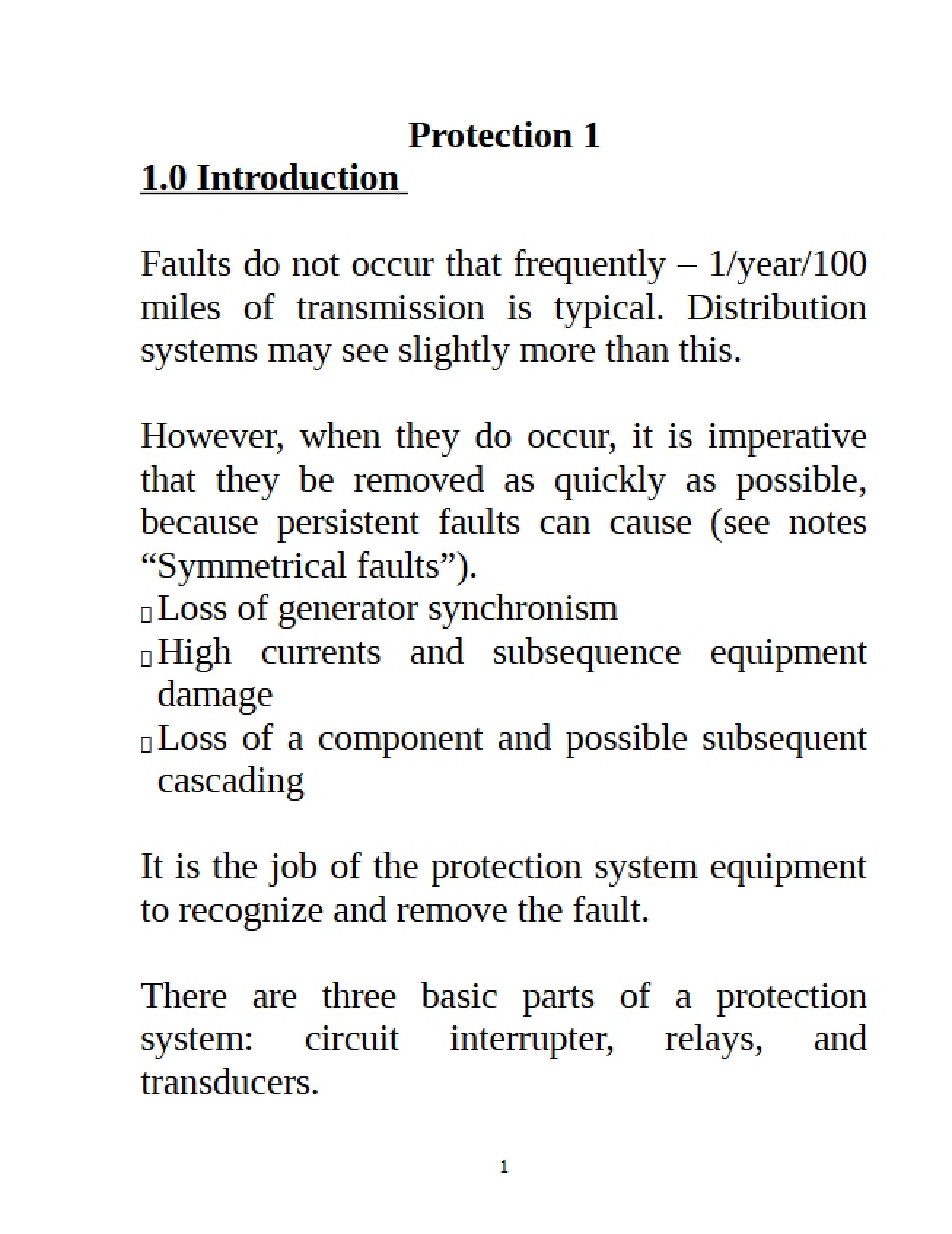 Part One of a Study on Protection in Power Systems