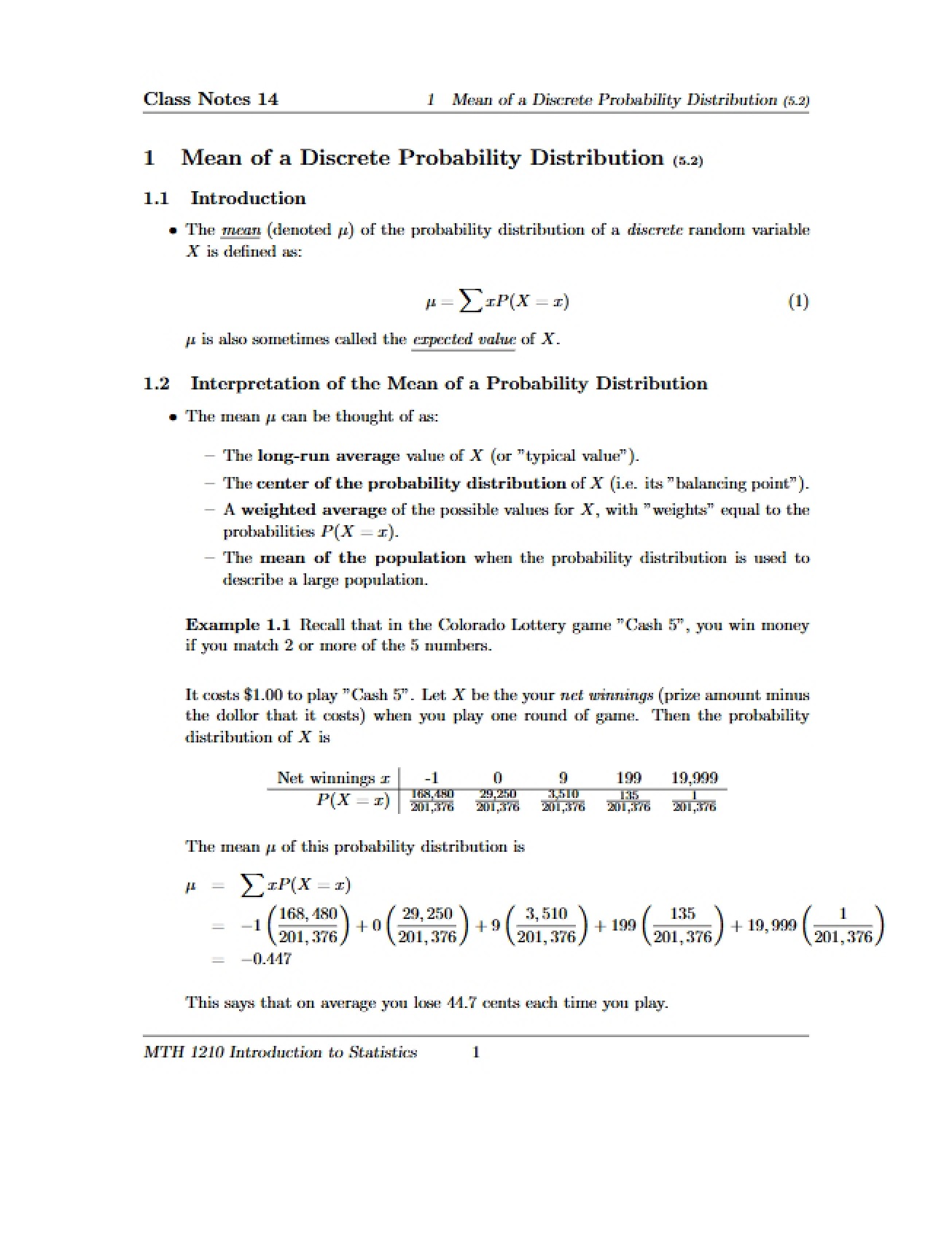 Calculating Mean Discrete Probability Distribution