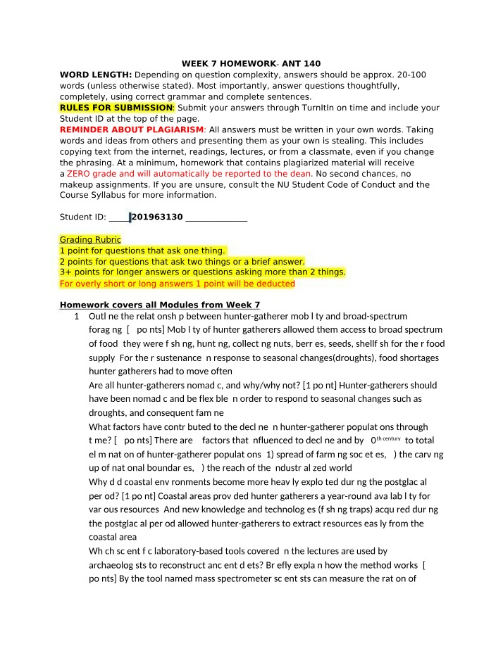 Week 7 Homework and Solutions - ANT 140