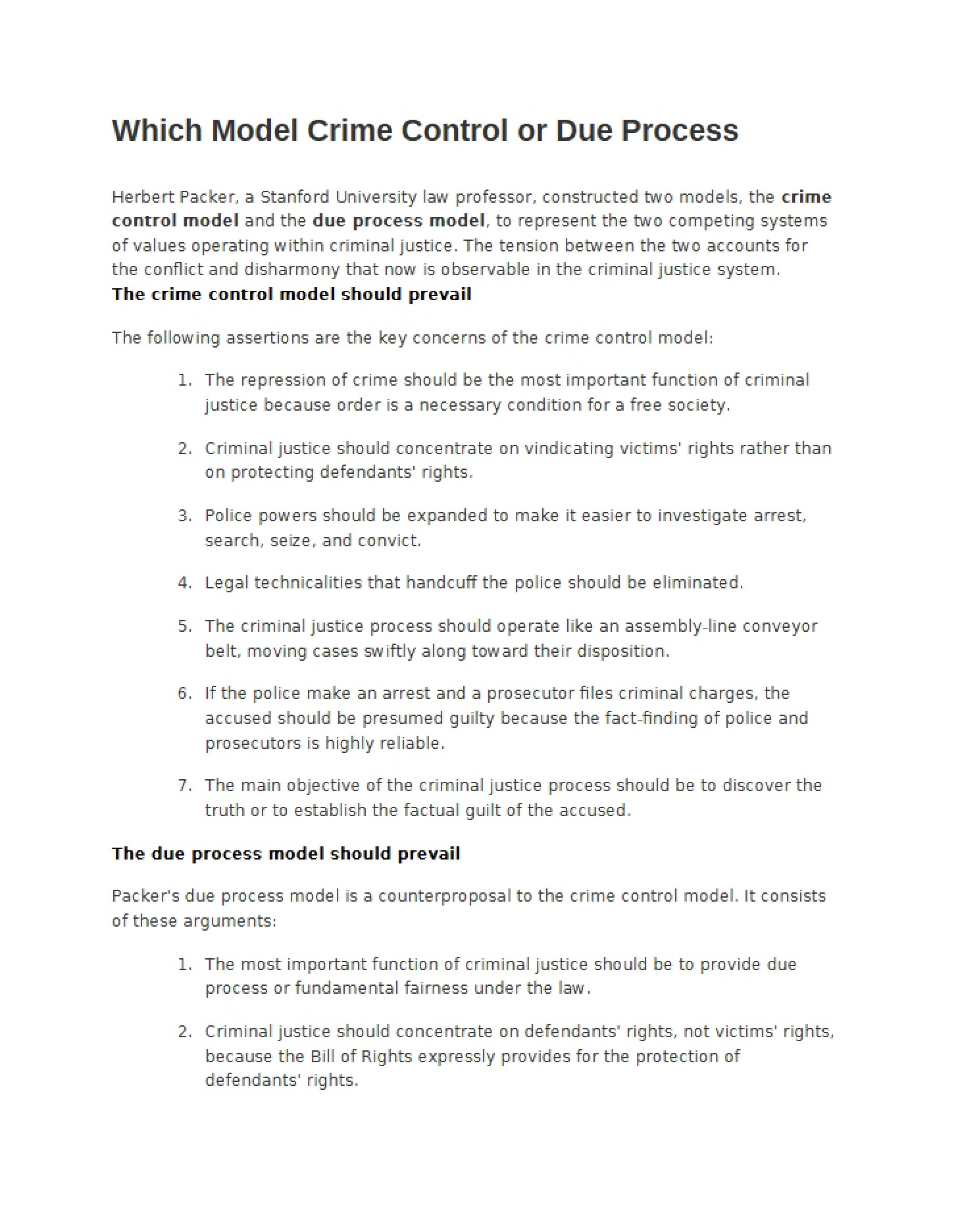 Crime Control versus Due Process Models