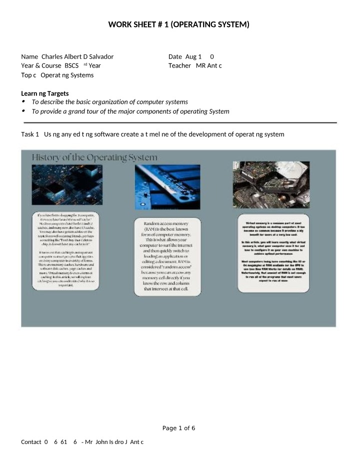 Worksheet 1 for Operating Systems