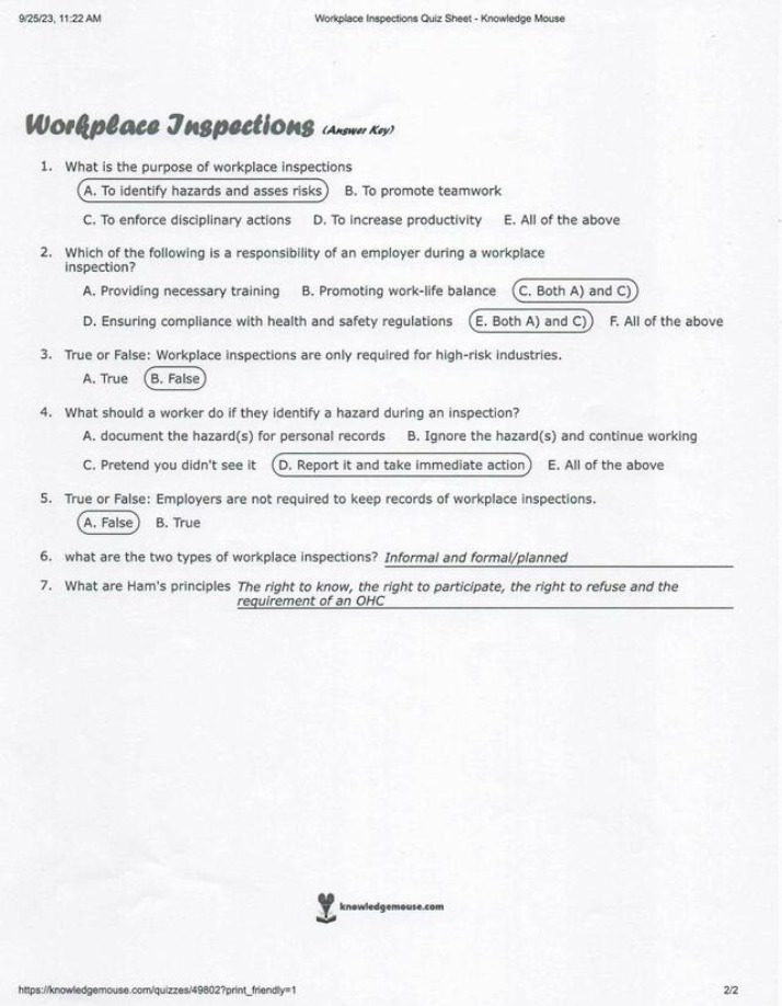 Workplace Inspections Quiz - Answer Key