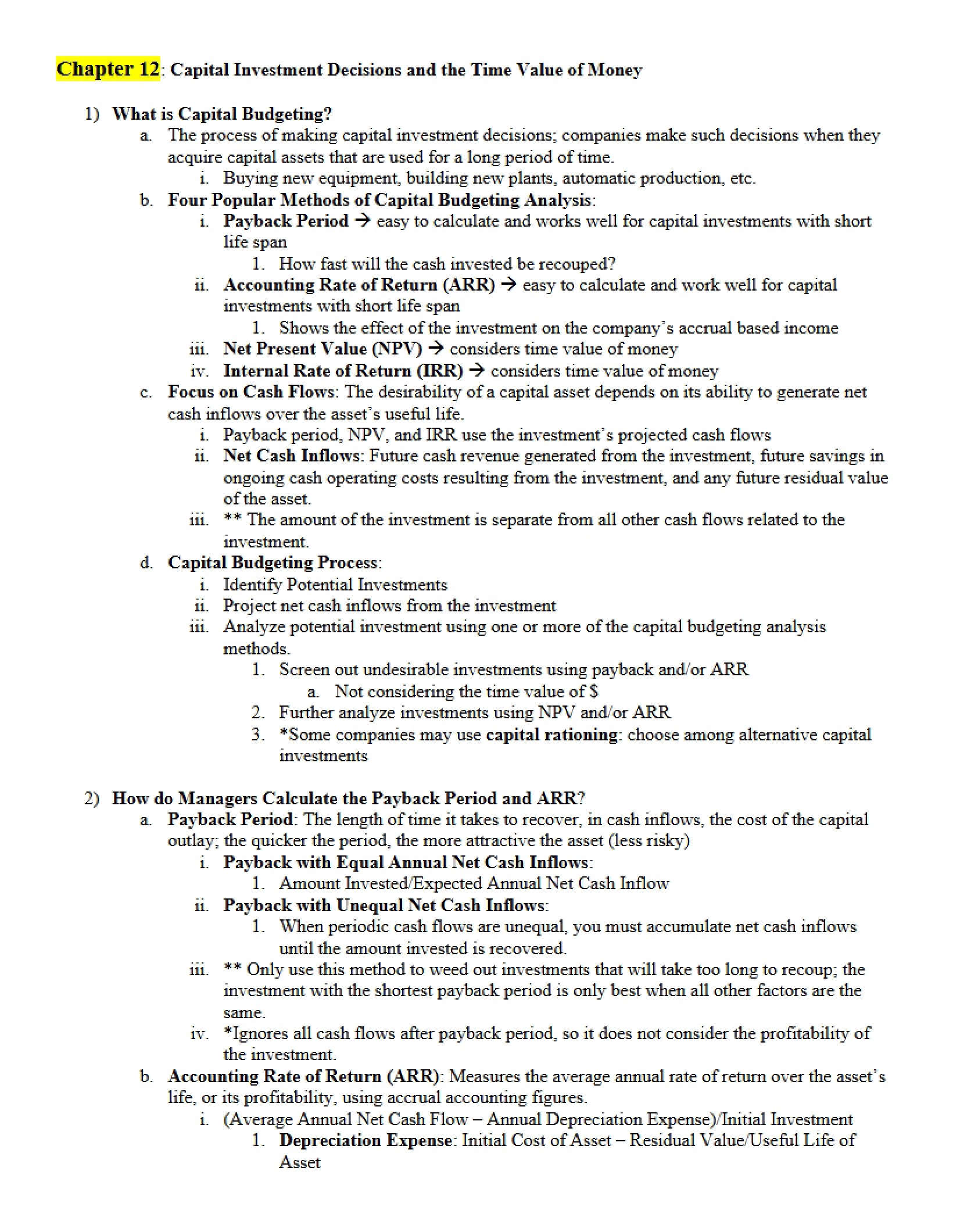 Capital Investment Decisions and Time Value of Money (Chapter 12)
