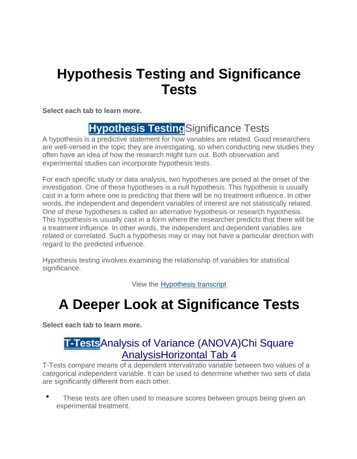 Hypothesis Testing and Significance Tests