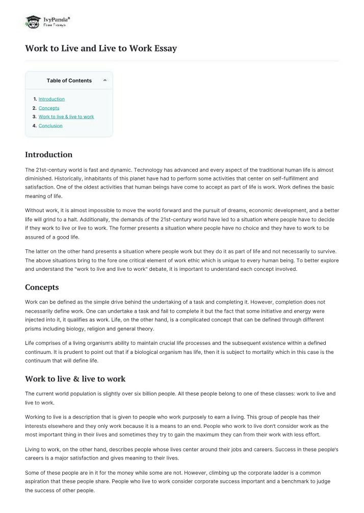 Work to Live and Live to Work - Essay Example