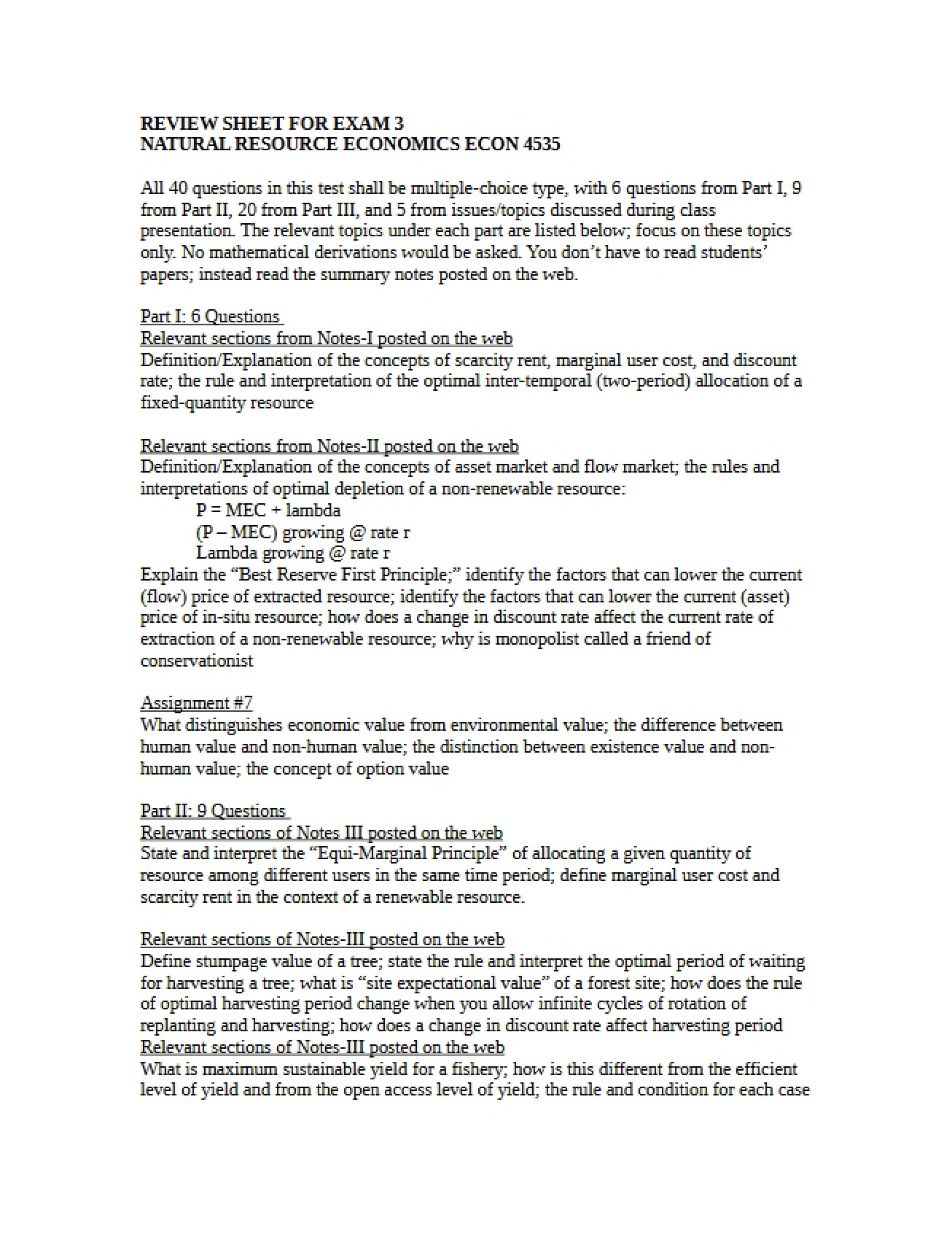 Review Sheet for Exam Three