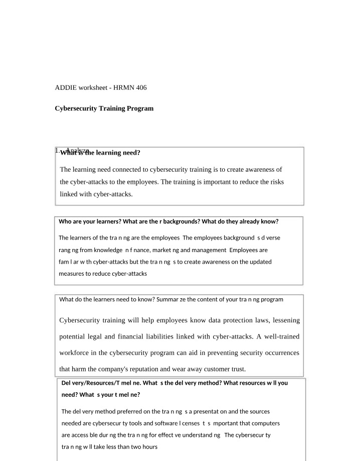 Worksheet on ADDIE