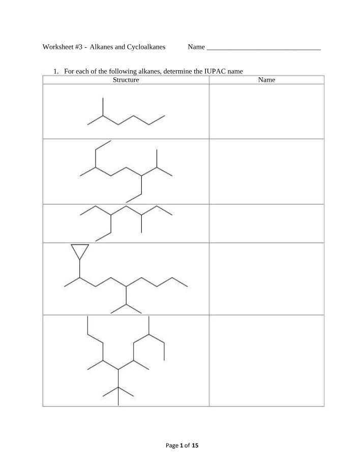 Alkanes and Cycloalkanes Worksheet #3