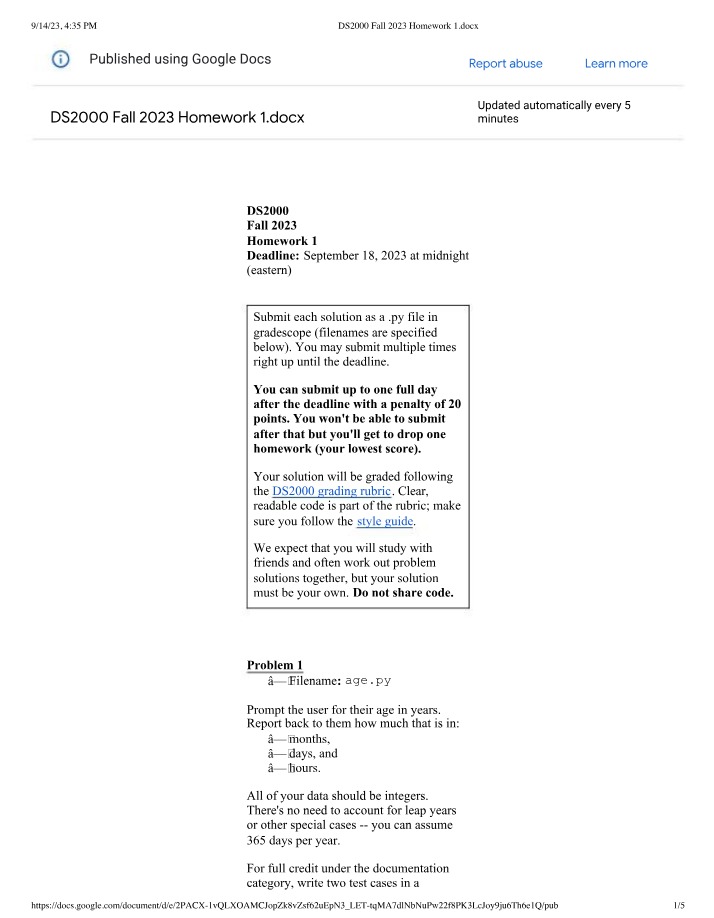 DS 2000 - Homework 1 (Fall 2023)