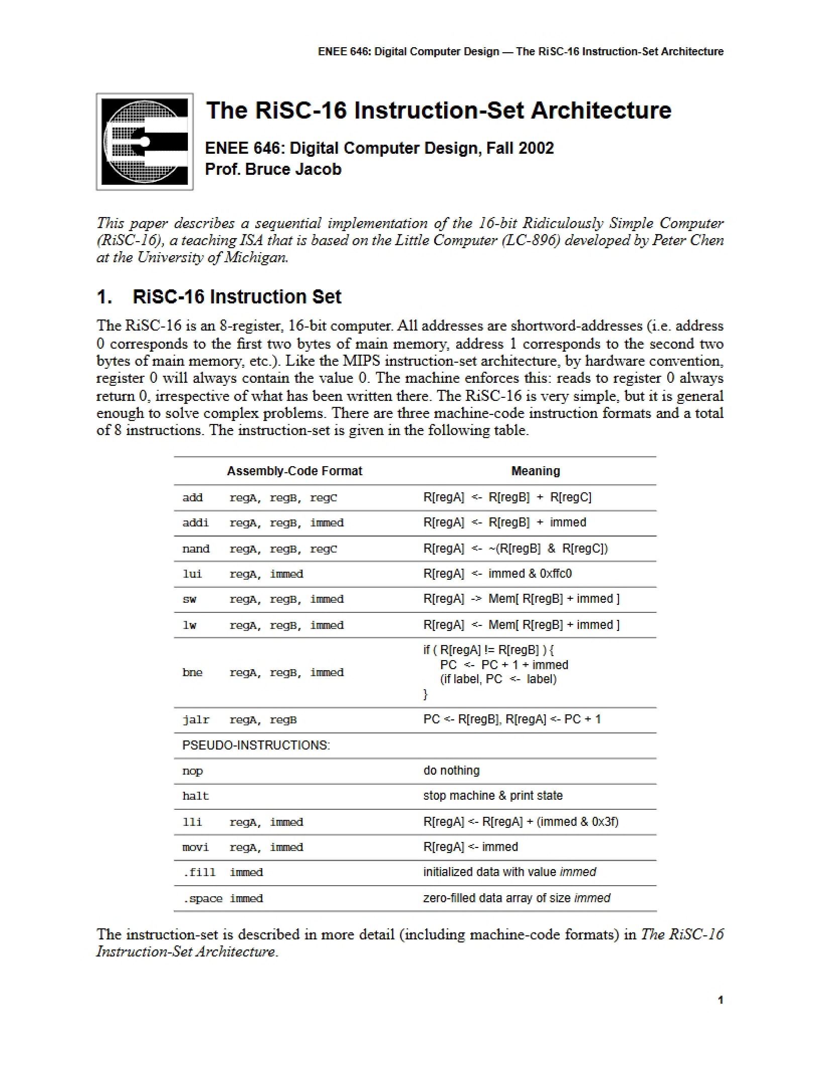 RiSC-16 ISA Overview