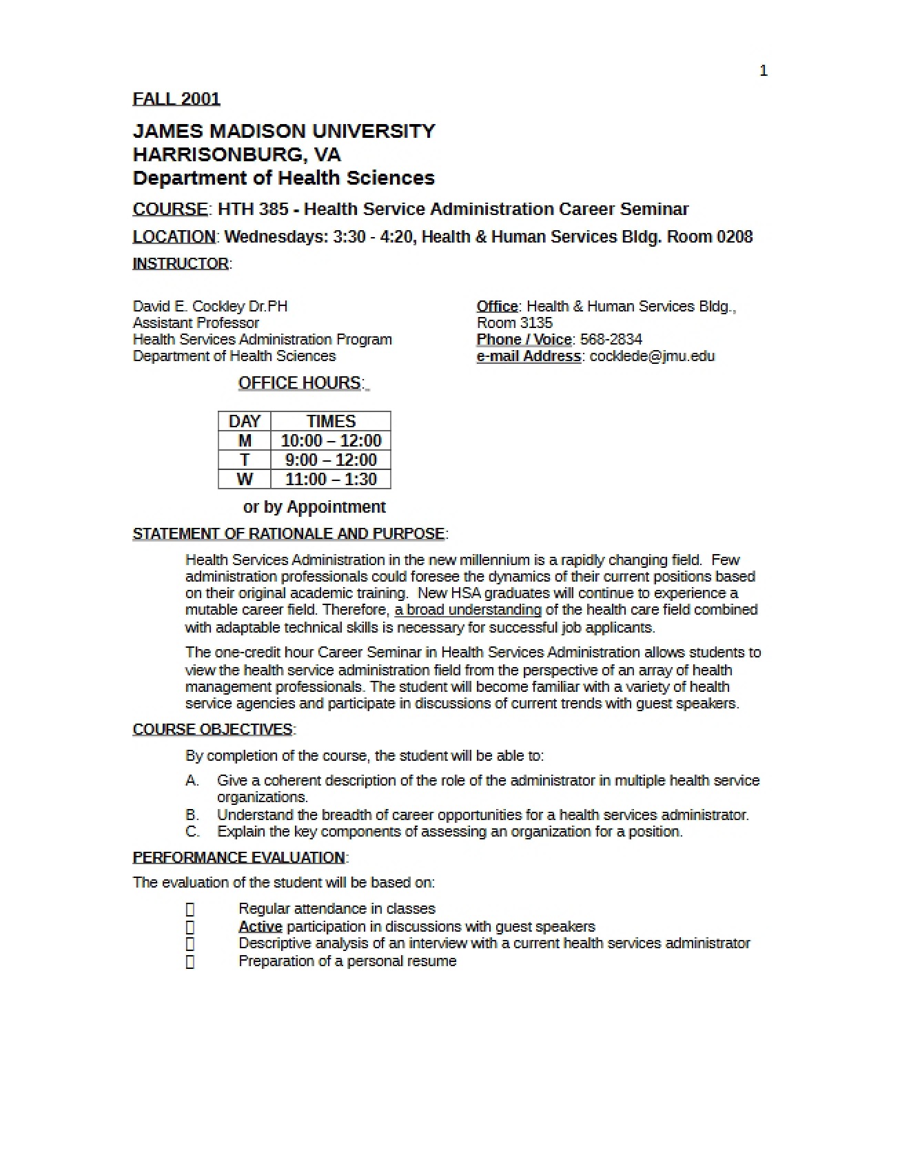 Syllabus for a Career Seminar in Health Service Administration