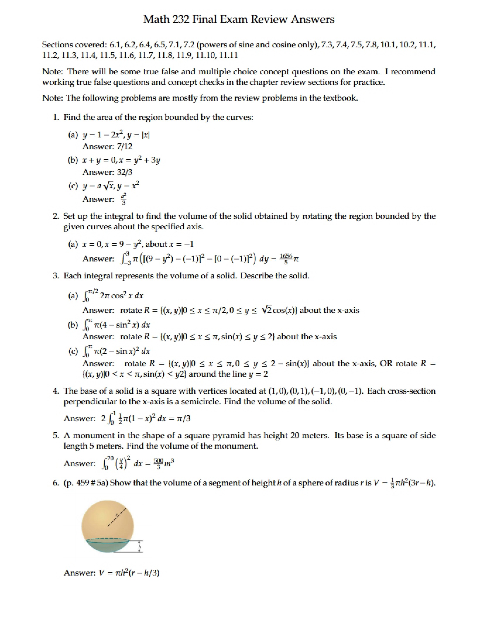 Answers for Final Exam Review