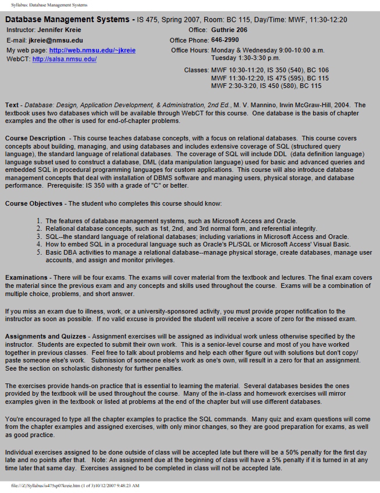 Database Management Systems Syllabus from Spring 2007 by Dr. Jennifer Kreie
