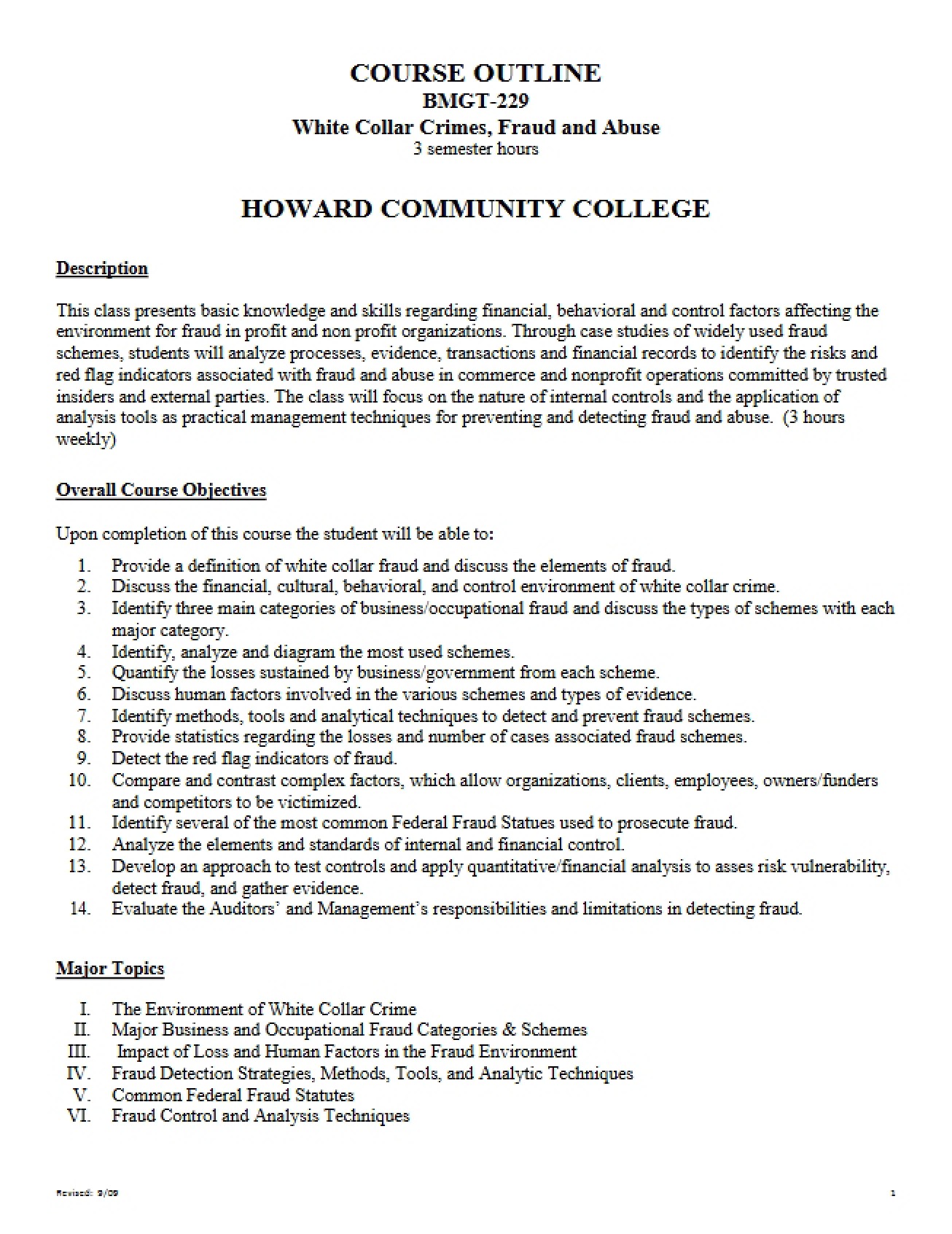 White Collar Crimes Course Syllabus