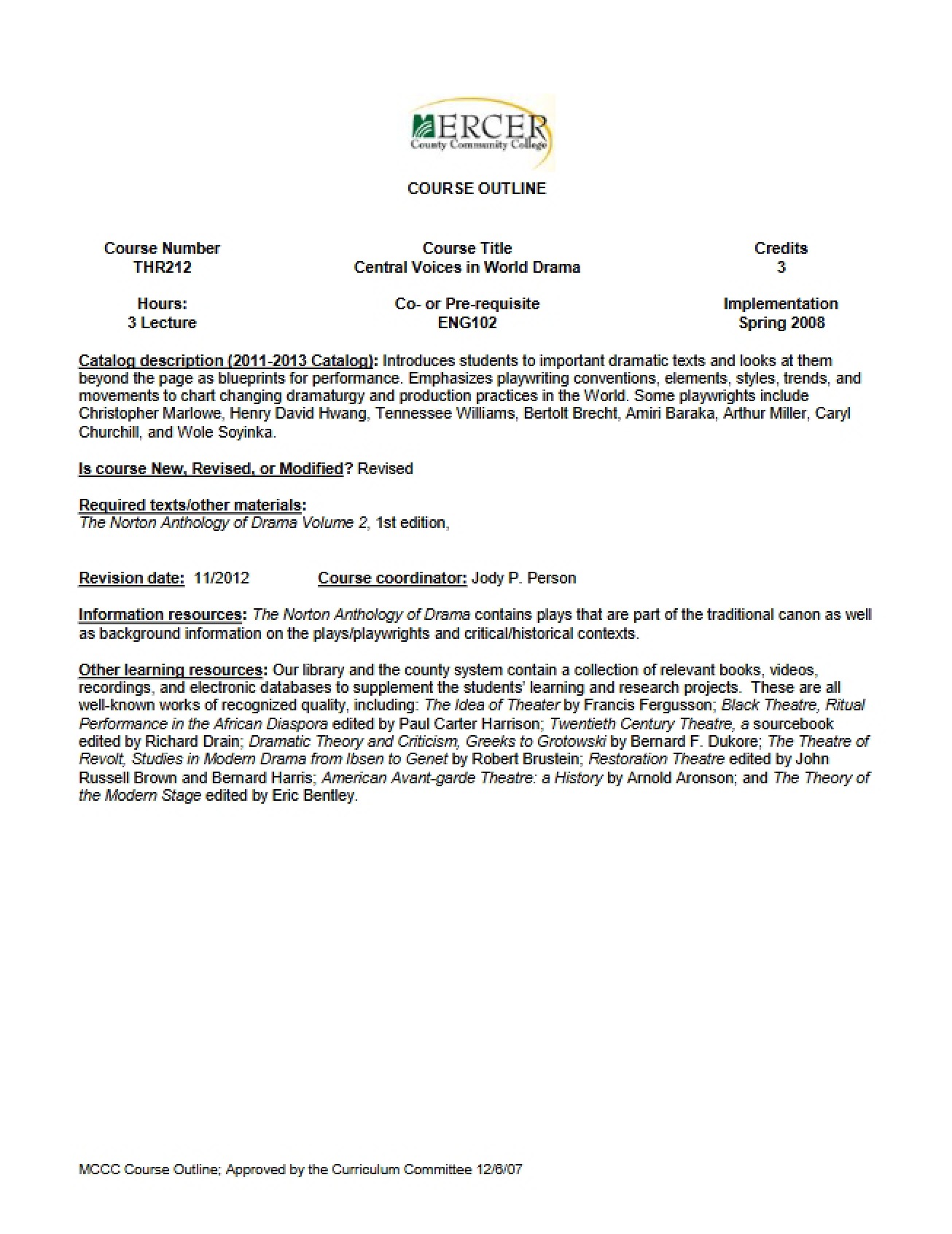 Central Voices in World Drama Outline