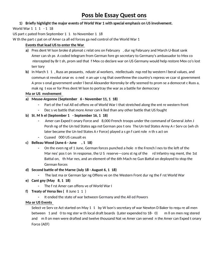 World War 1 - Major Events and US Involvement