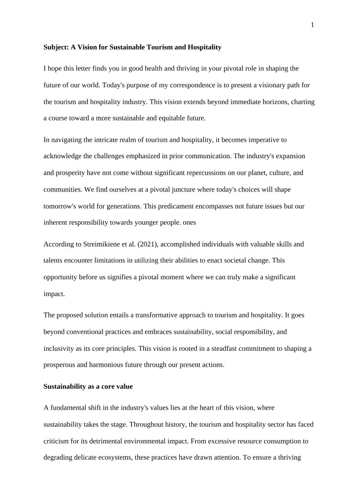 Sustainable Tourism and Hospitality - A Vision