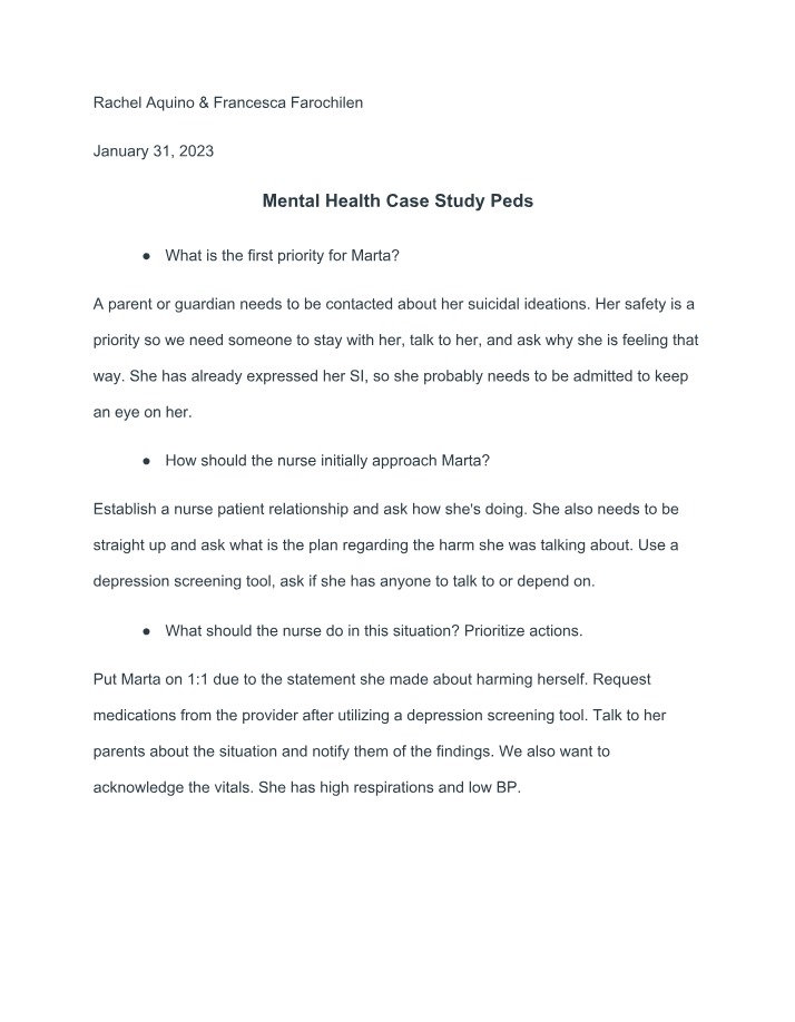 Mental Health Case Study (Pediatrics)