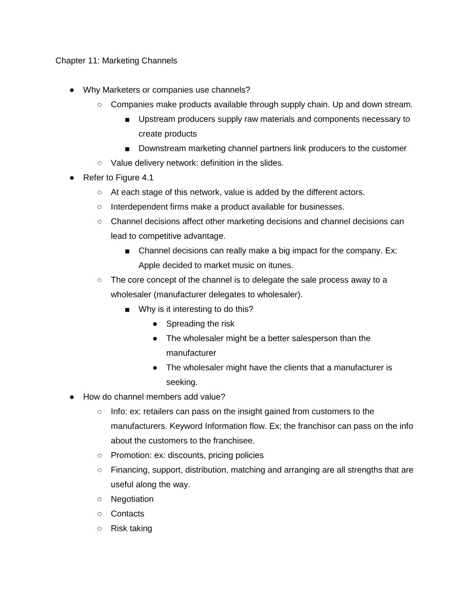 Notes on Marketing Channels