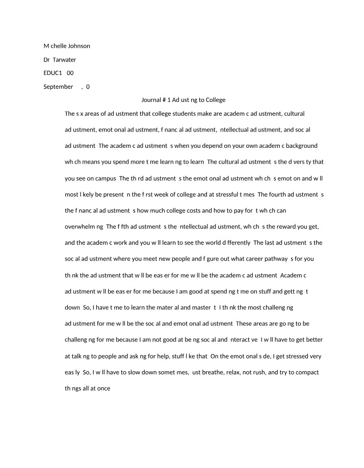 Adjusting to College - Journal 1