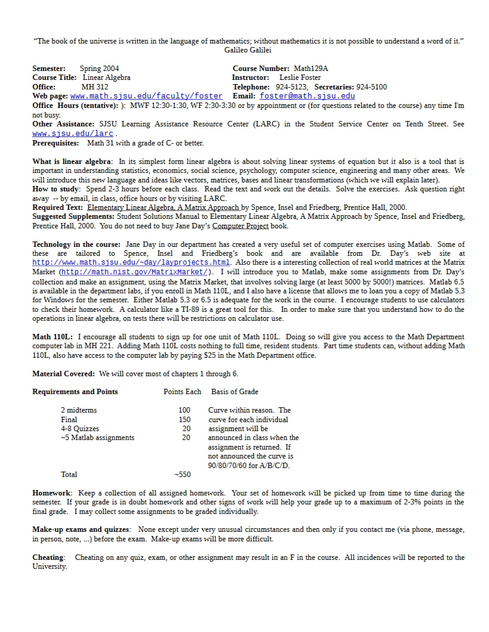 Linear Algebra I Syllabus