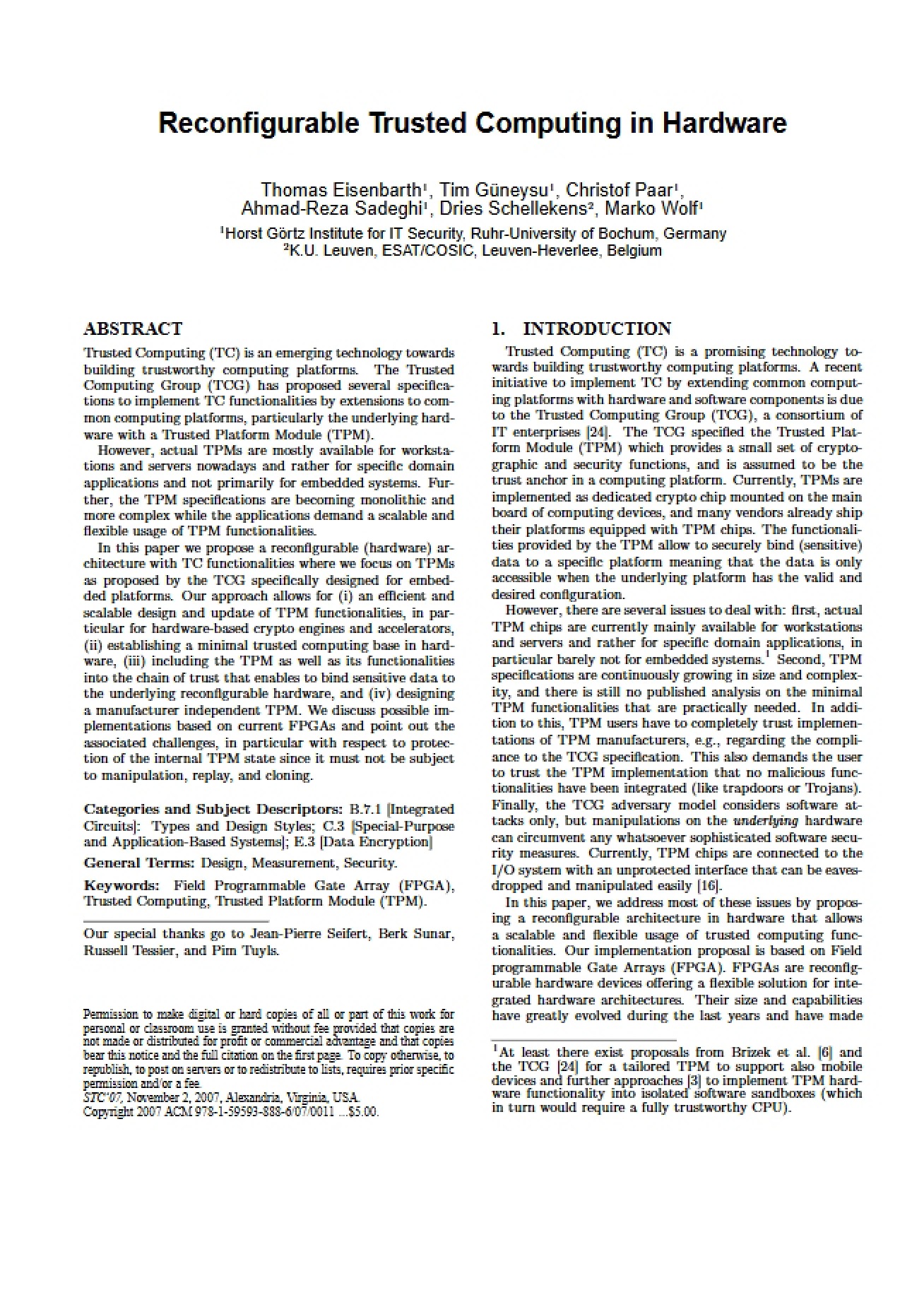 Hardware-Based Reconfigurable Trusted Computing