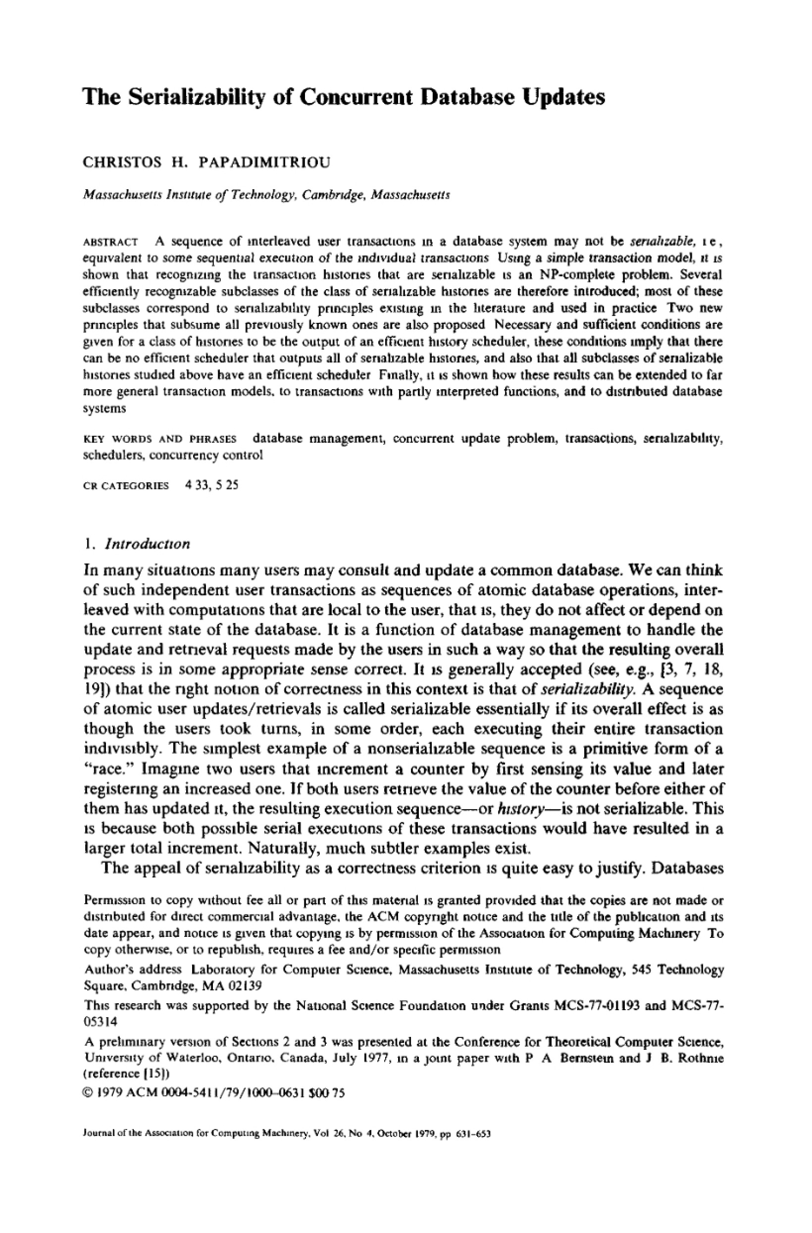 Concurrent Database Update Serializability