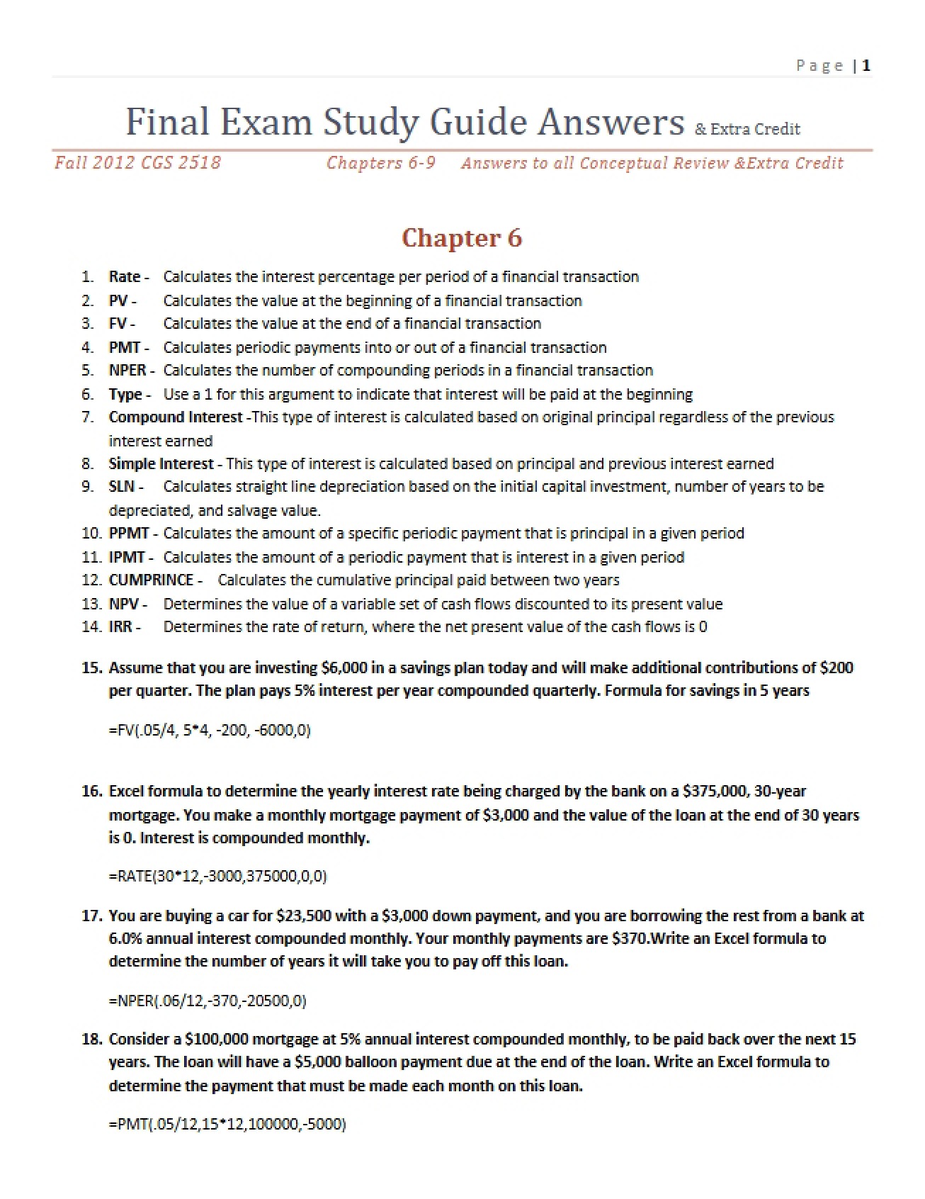 Answer Key for Final Exam Study Guide (Part 6)