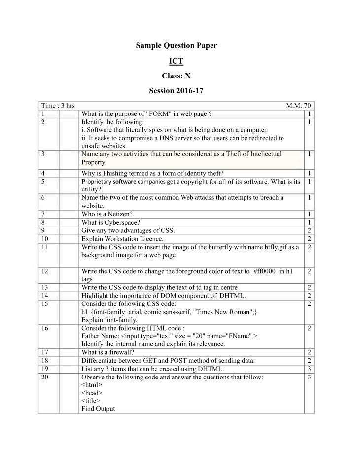 Sample Question Paper for ICT Class X (2016-17)