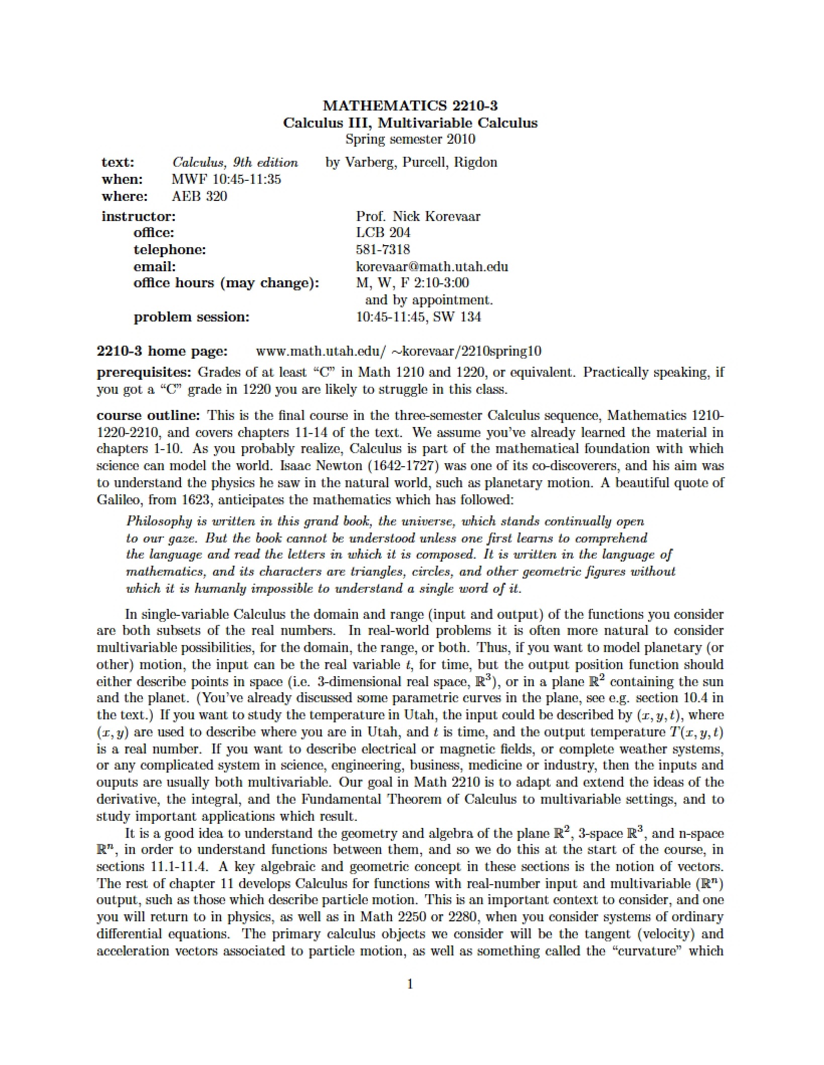 Calculus III Course Syllabus