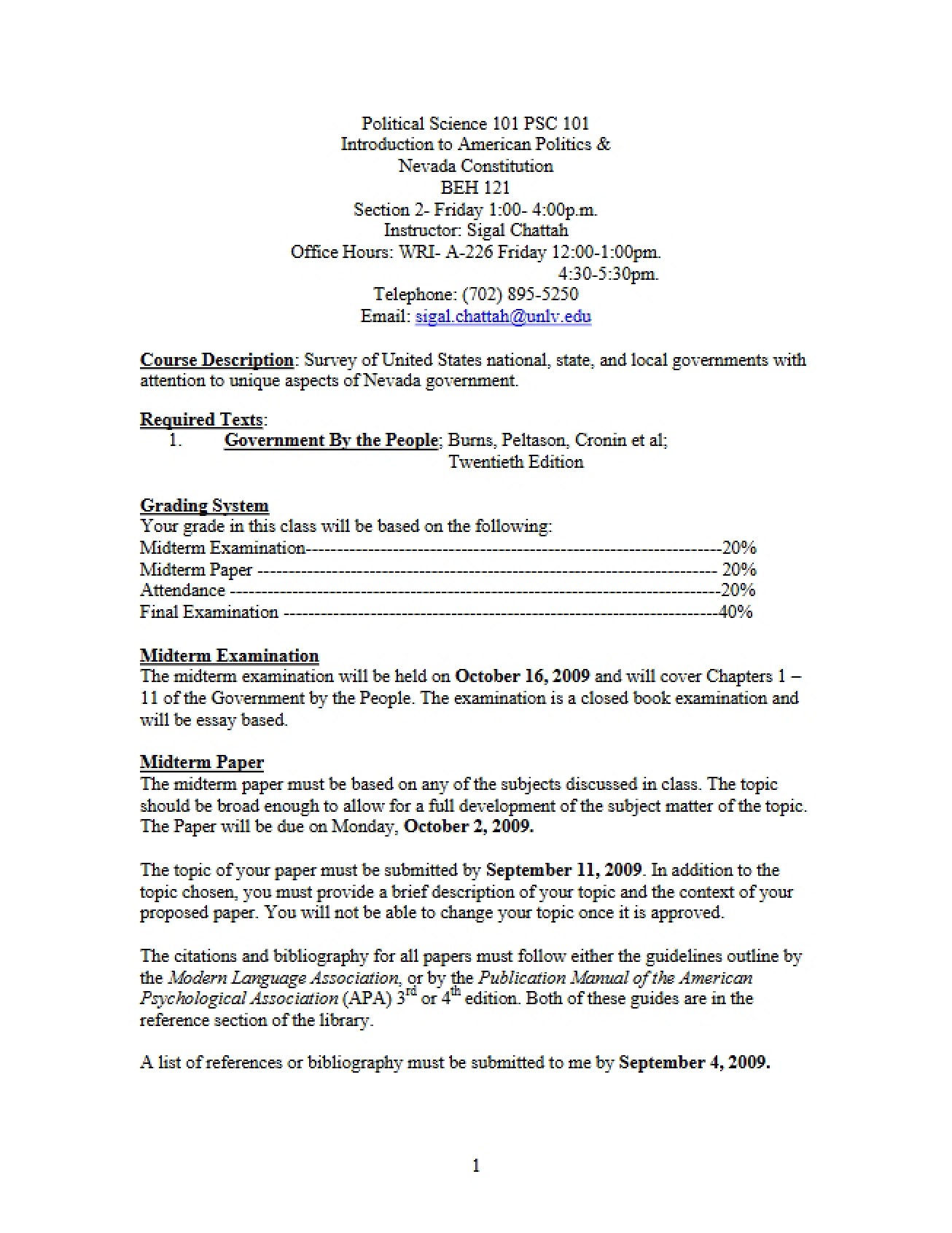 Syllabus for Political Science 101