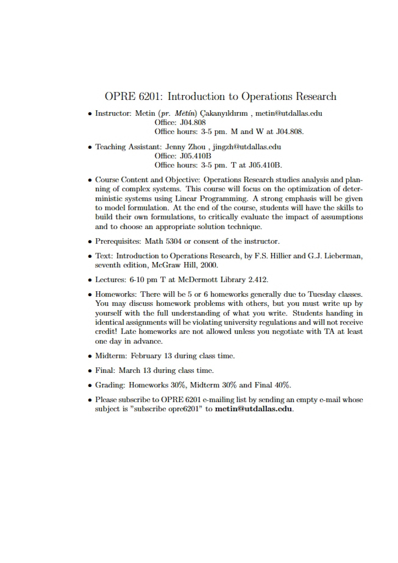 Operations Research Syllabus