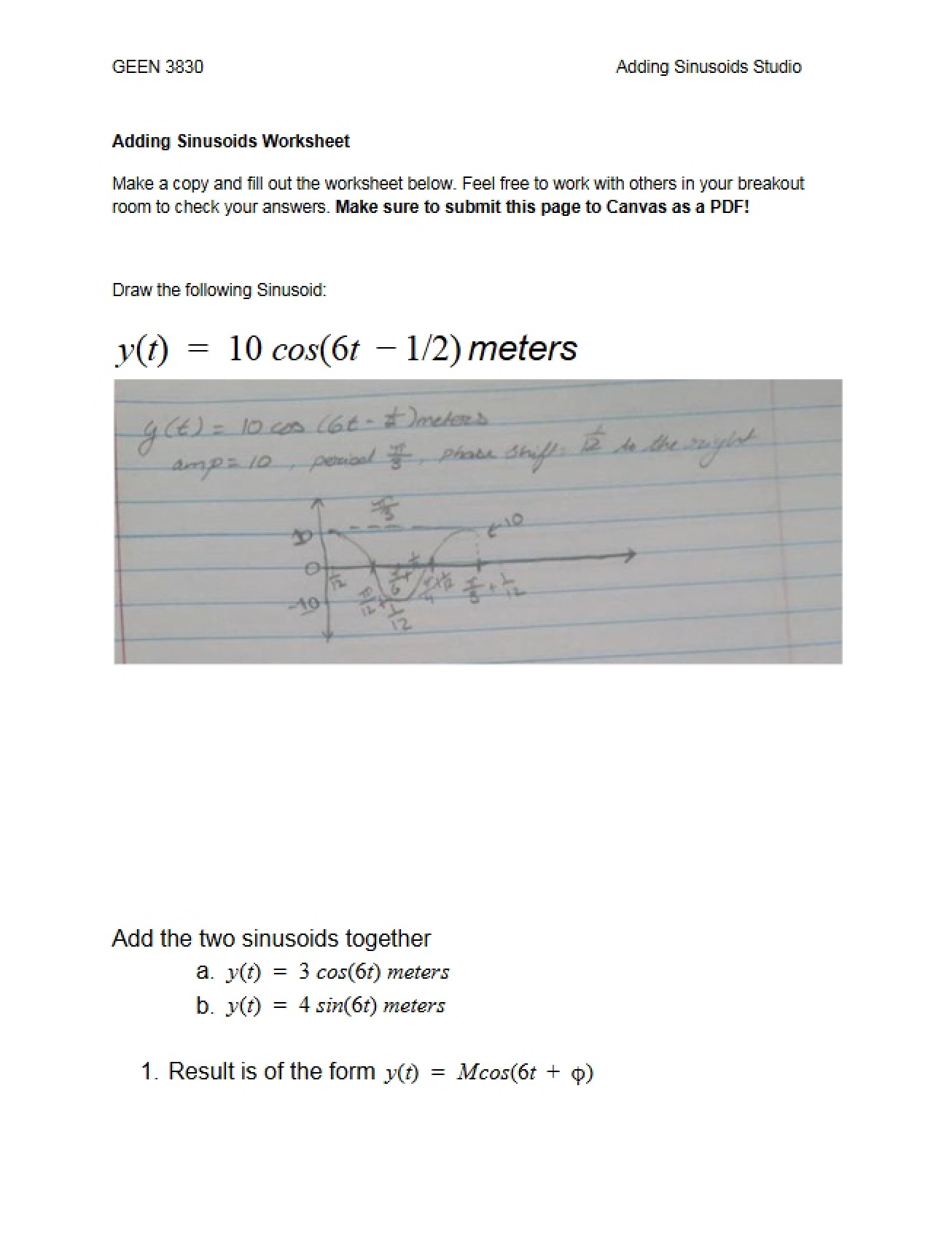 Second Worksheet Adding Sinusoids