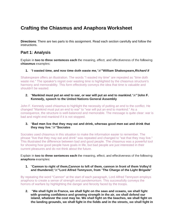 Worksheet on Chiasmus and Anaphora