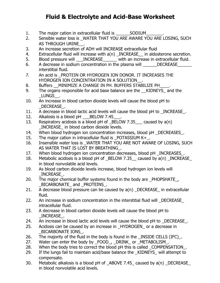 Worksheet - Fluid, Electrolyte, and Acid-Base Balance