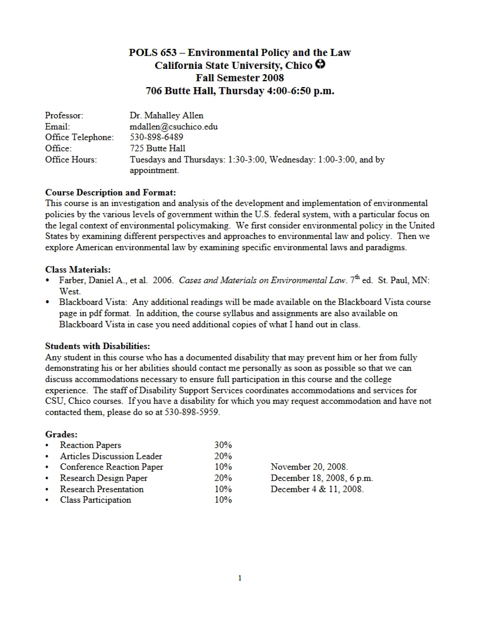 Syllabus for Environmental Policy and Law