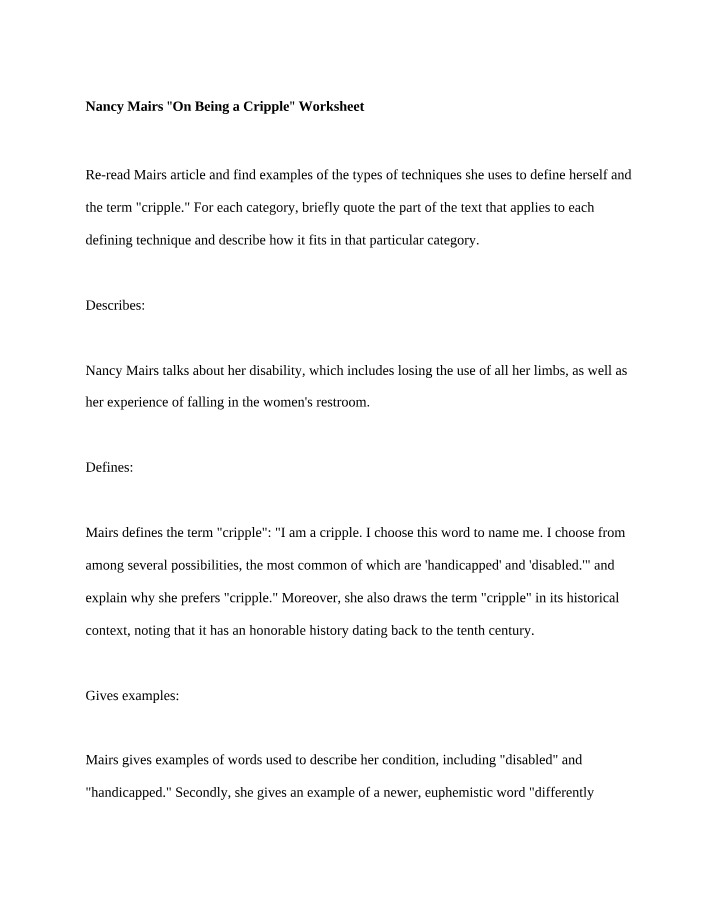 Worksheet for Nancy Mairs On Being a Cripple