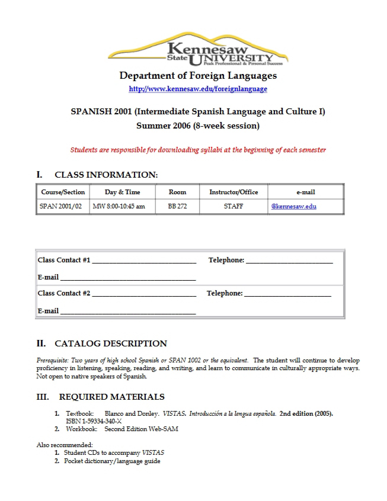 Intermediate Spanish I Class Outline