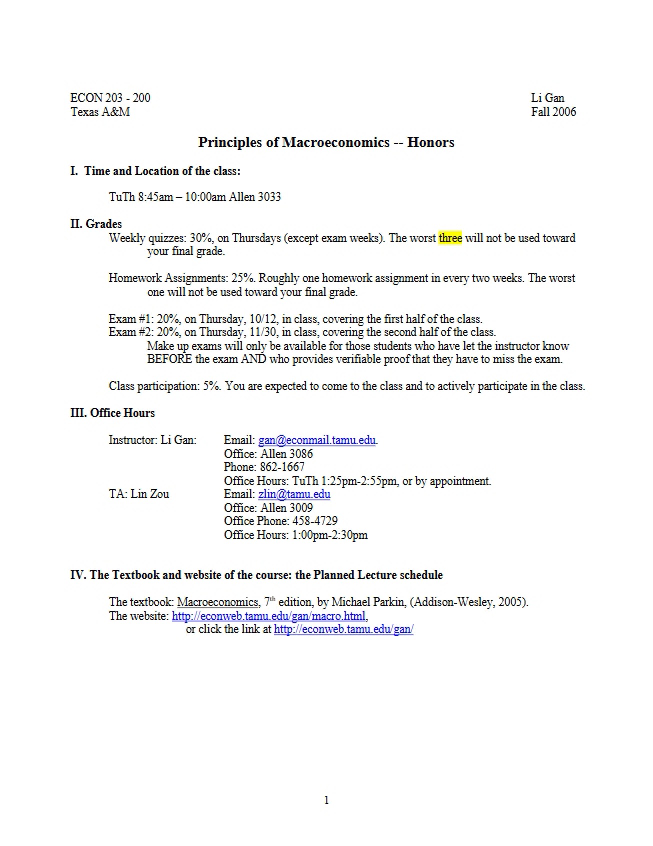 Updated Syllabus for Principles of Economics