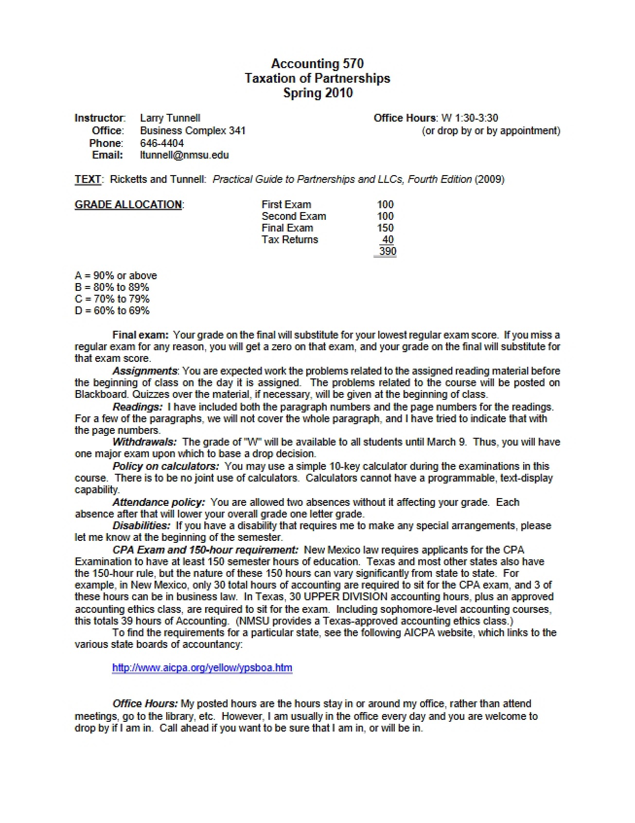 Taxation of Partnerships Syllabus from Spring 2010 by Dr. Larry Tunnell