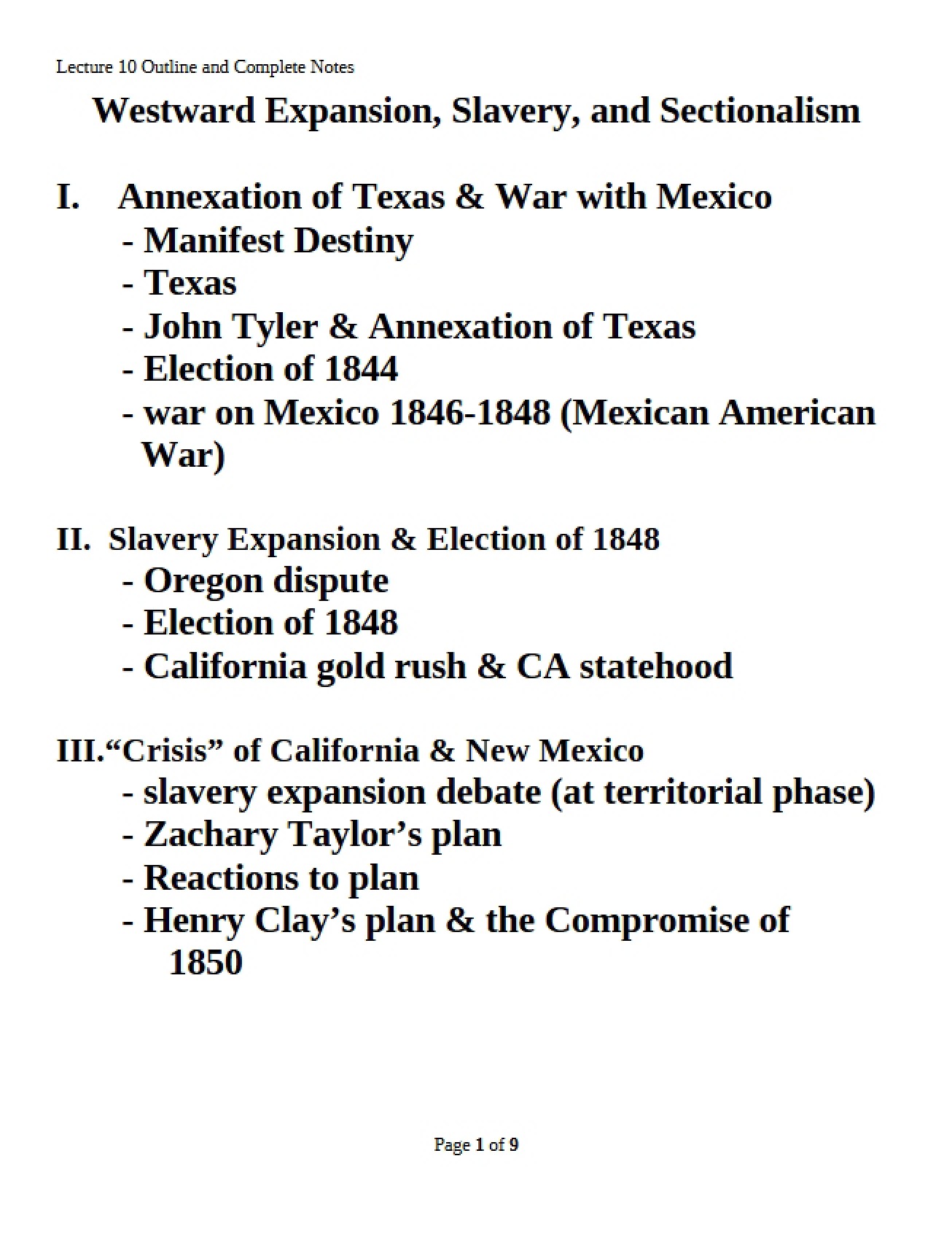 Sectionalism, Slavery, and Westward Expansion