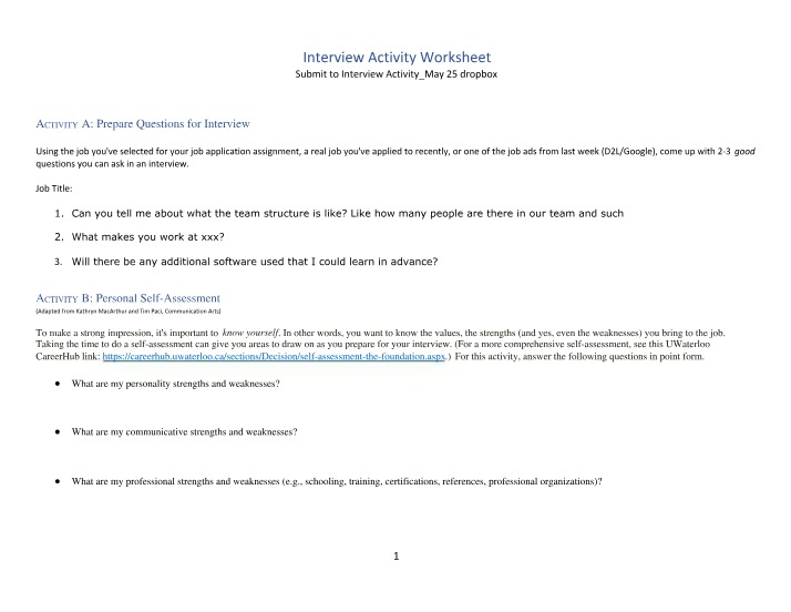 Worksheet for Interview