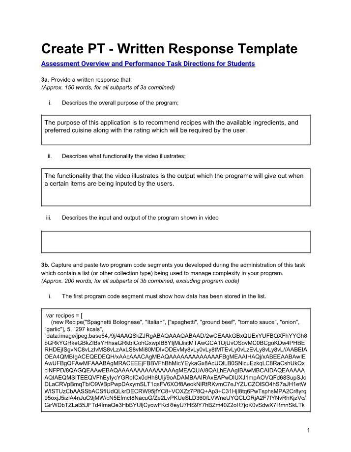 Written Response Template - Program Purpose and Functionality