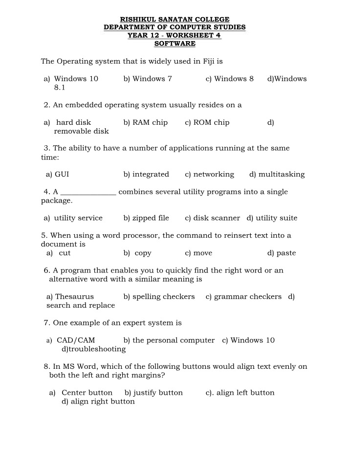 Year 11 Computer Studies Worksheet 4