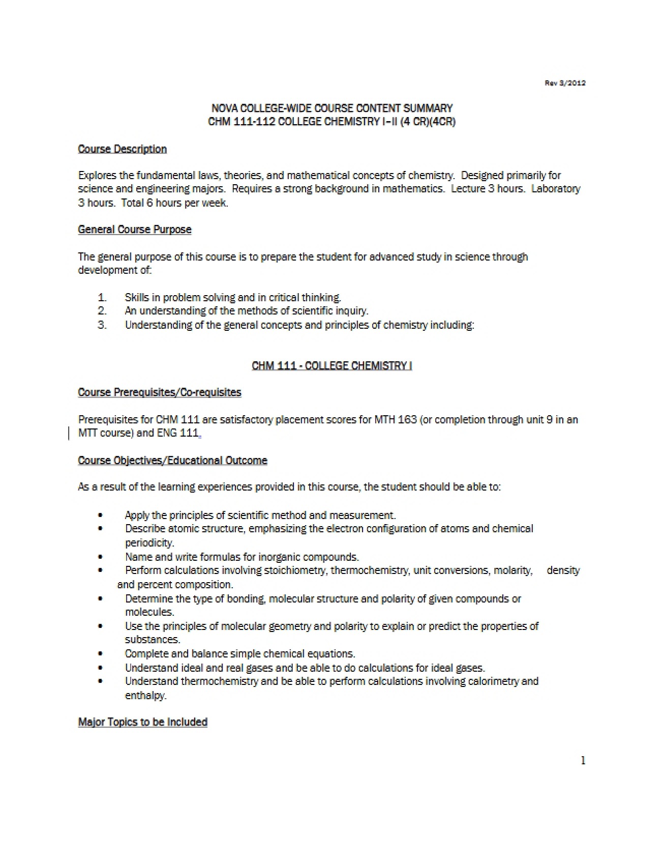 College Chemistry I-II Content
