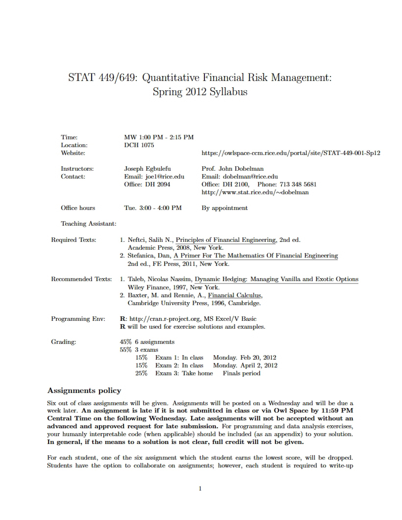Financial Risk Management Syllabus