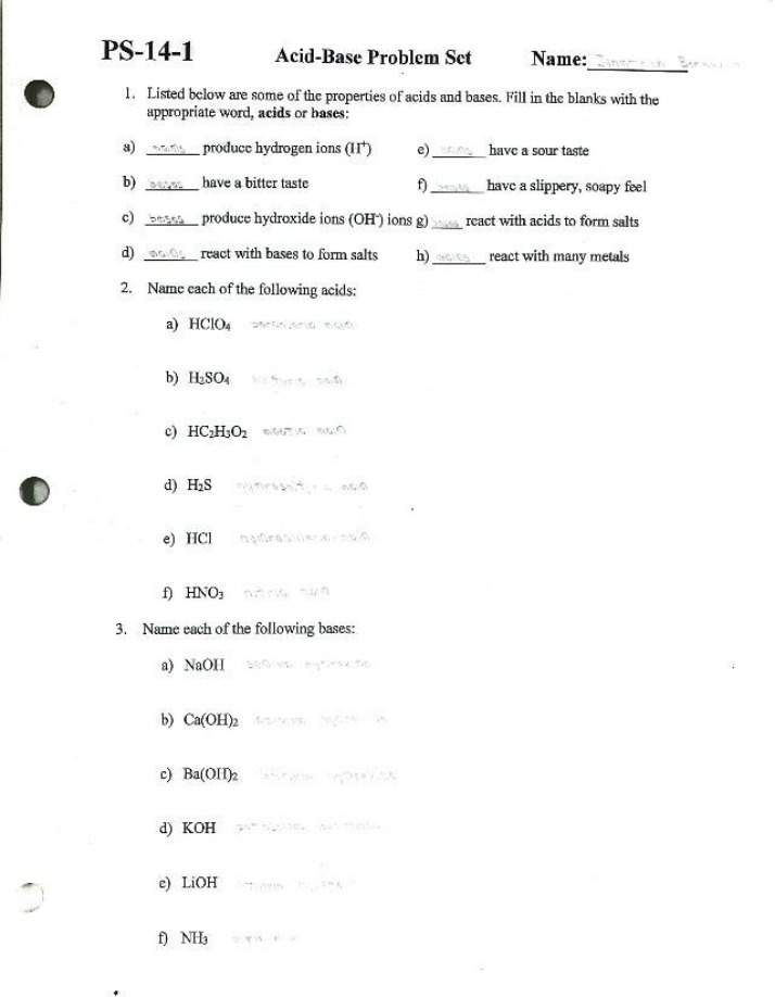 Problem Sets on Acid-Base and pH-pOH
