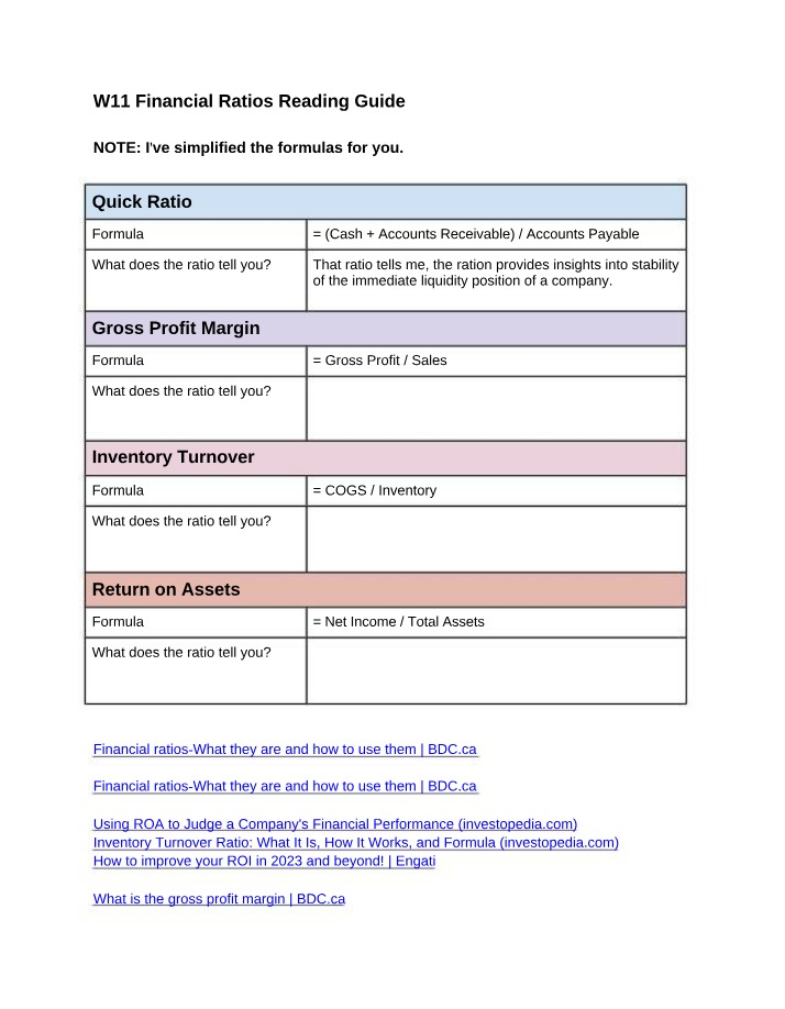 Reading Guide - W11 Financial Ratios