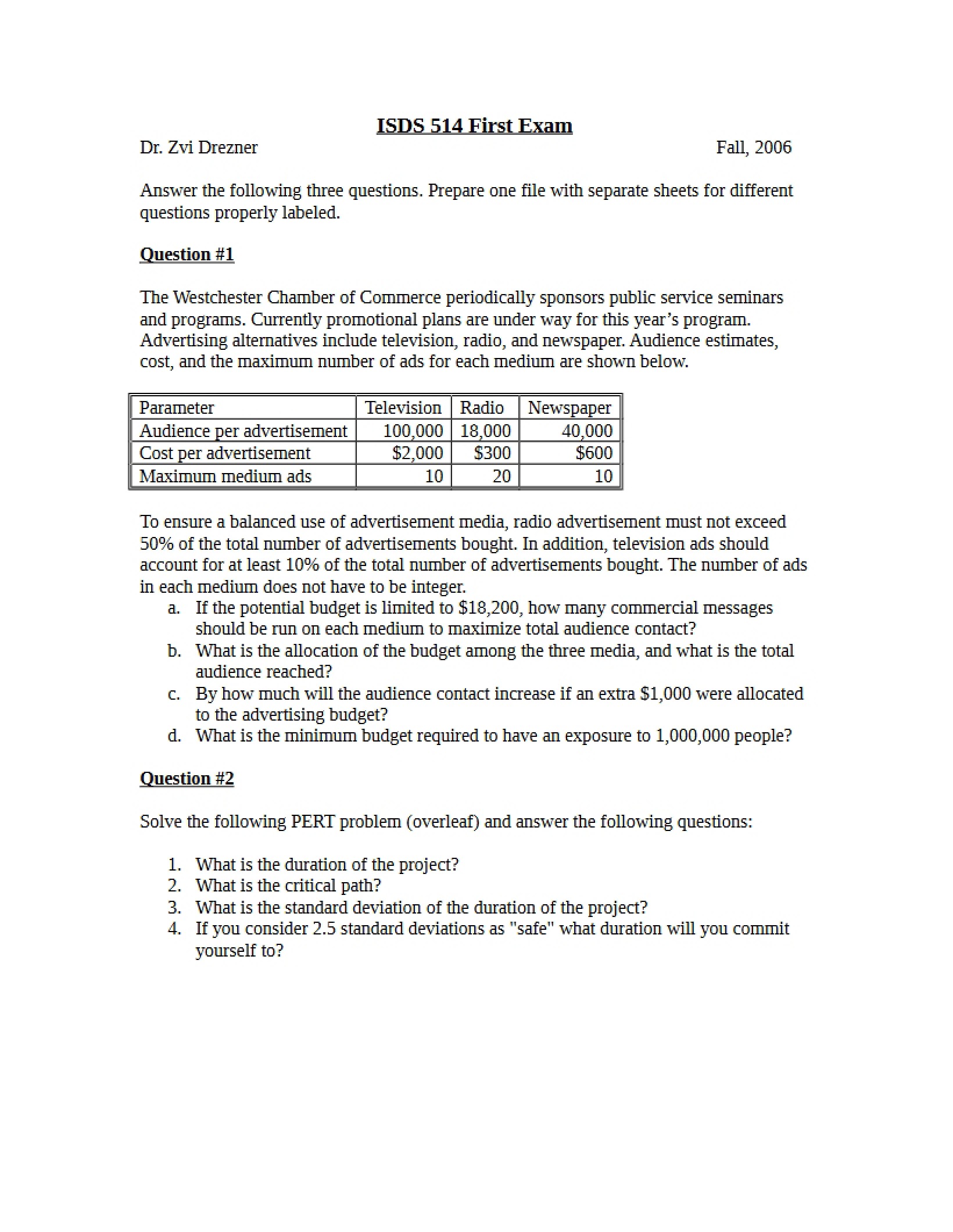 Exam One ISDS 514