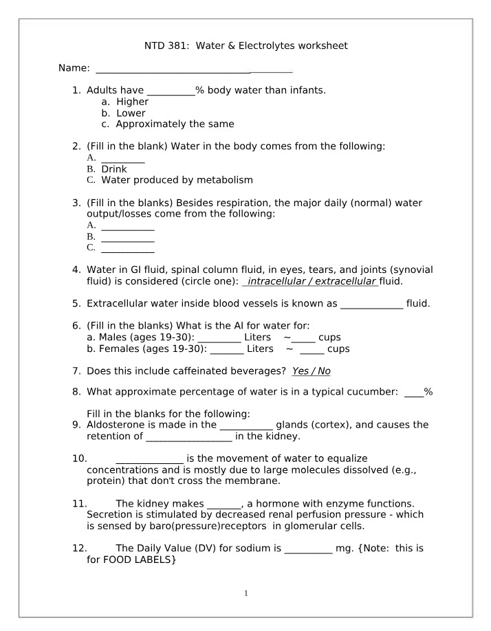 Worksheet on Water and Electrolytes